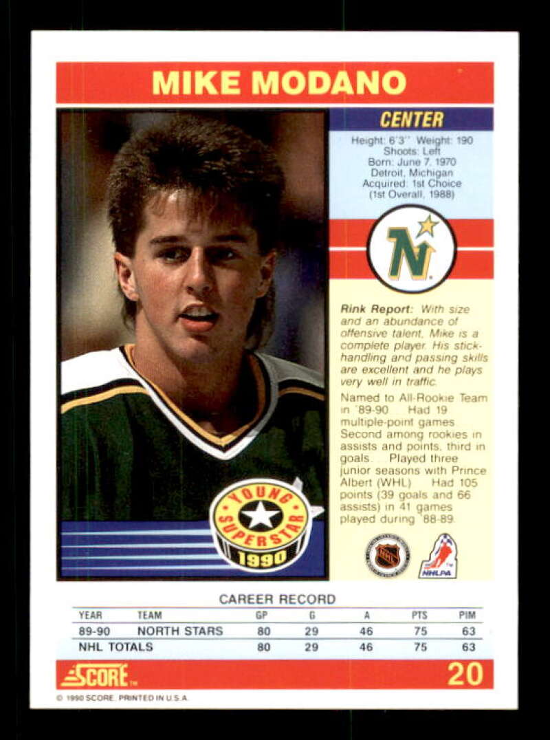 Mike Modano Rookie Card 1990-91 Score Young Superstars #20 Image 2