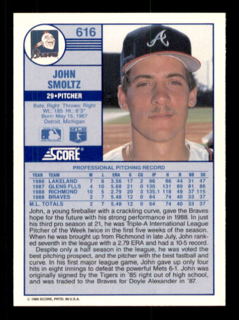 John Smoltz Rookie Card 1989 Score #616 Image 2