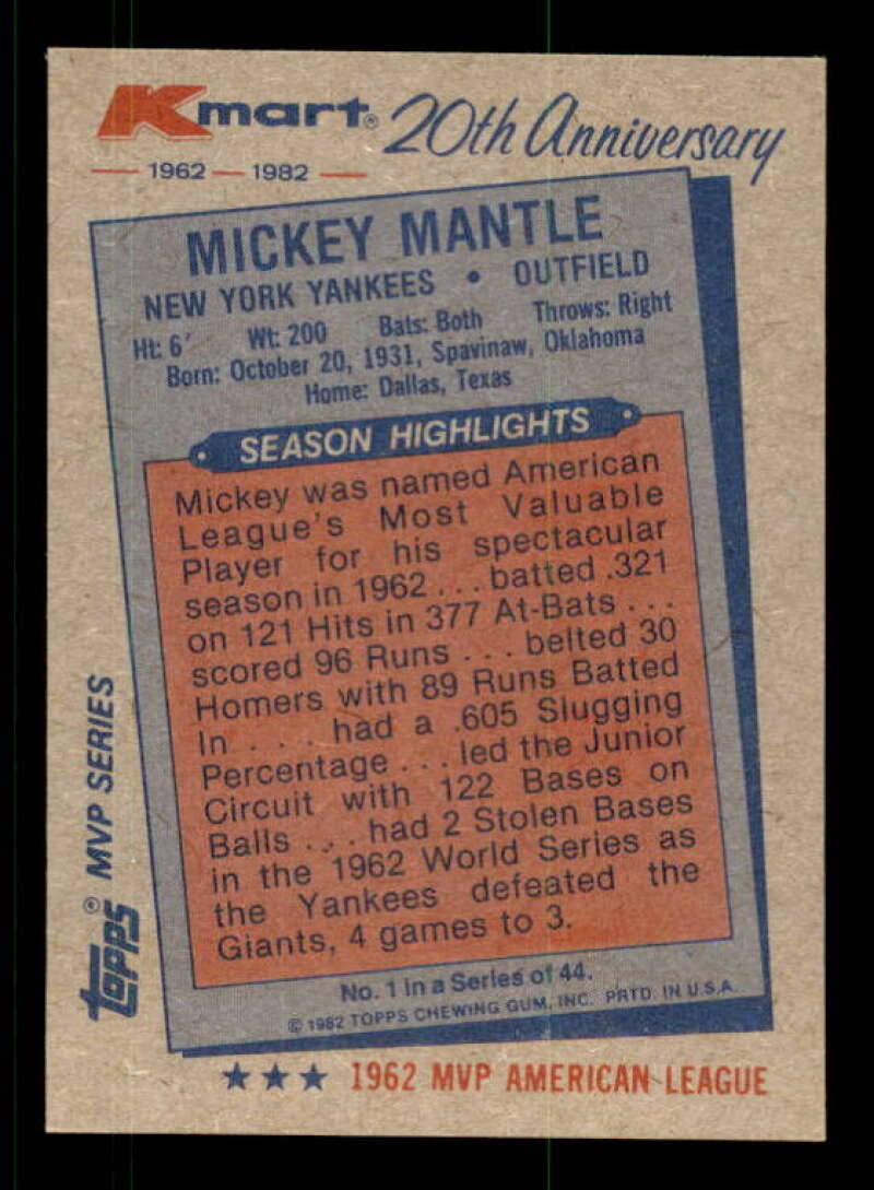 Mickey Mantle Card 1982 K-Mart #1 Image 2