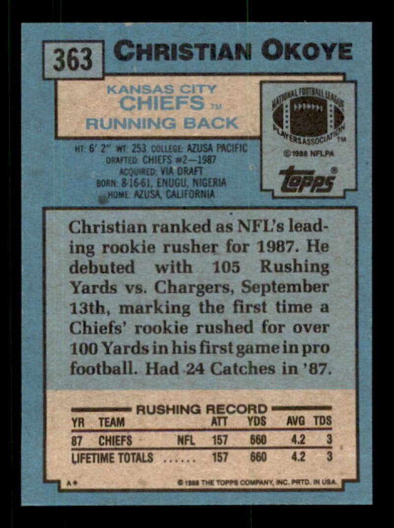 Christian Okoye Rookie Card 1988 Topps #363 Image 2