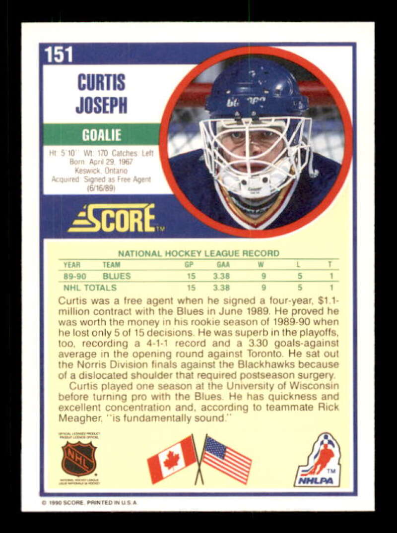 Curtis Joseph Rookie Card 1990-91 Score 151 Image 2