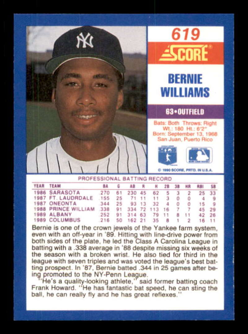 Bernie Williams Rookie Card 1990 Score #619 Image 2