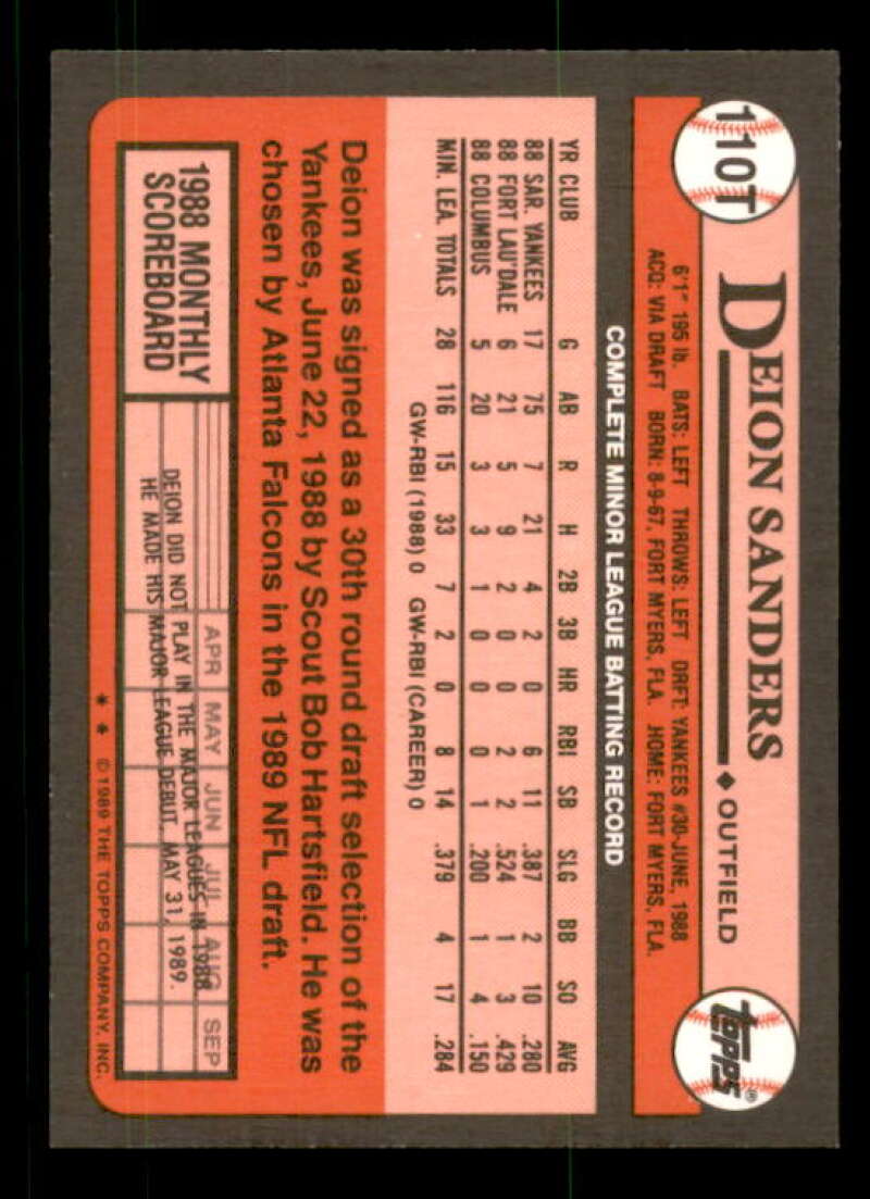 Deion Sanders Rookie Card Baseball 1989 Topps #110T Image 2