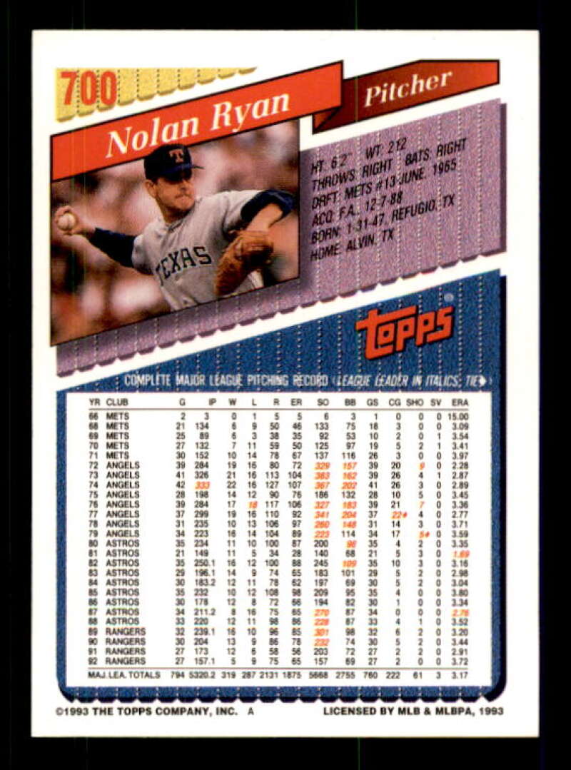 Nolan Ryan Card 1993 Topps #700 Image 2