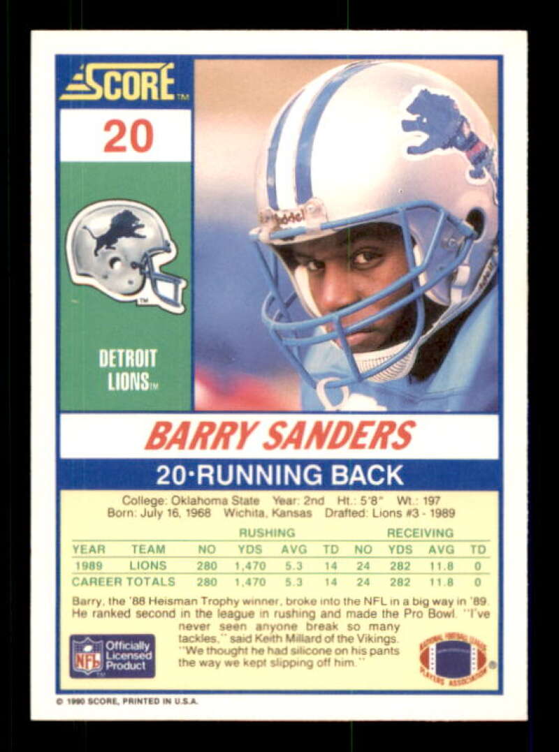 Barry Sanders Card 1990 Score #20 Image 2