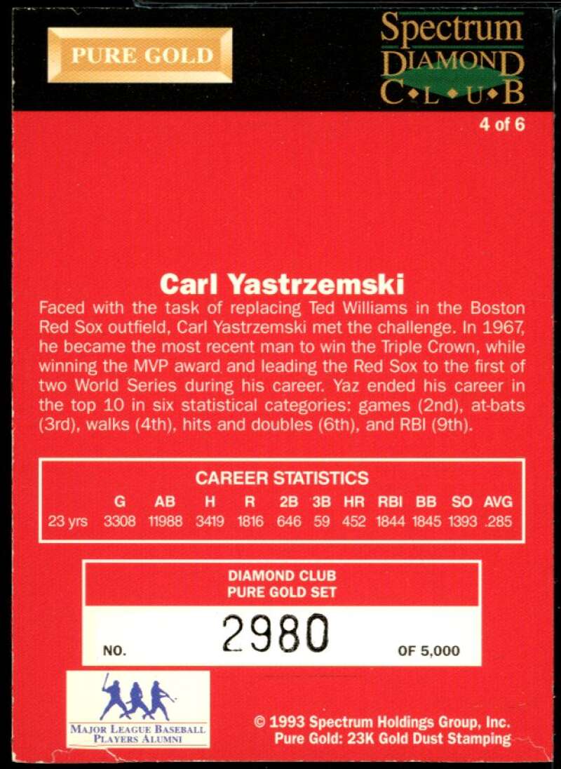 Carl Yastrzemski Card 1993 Spectrum Diamond Club Pure Gold #4 Image 2