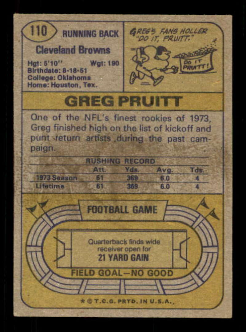 Greg Pruitt Rookie Card 1974 Topps #110 Image 2