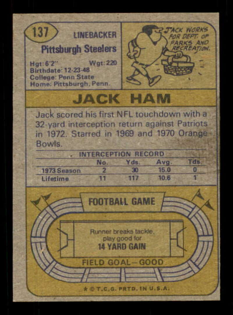 Jack Ham AP Card 1974 Topps #137 Image 2