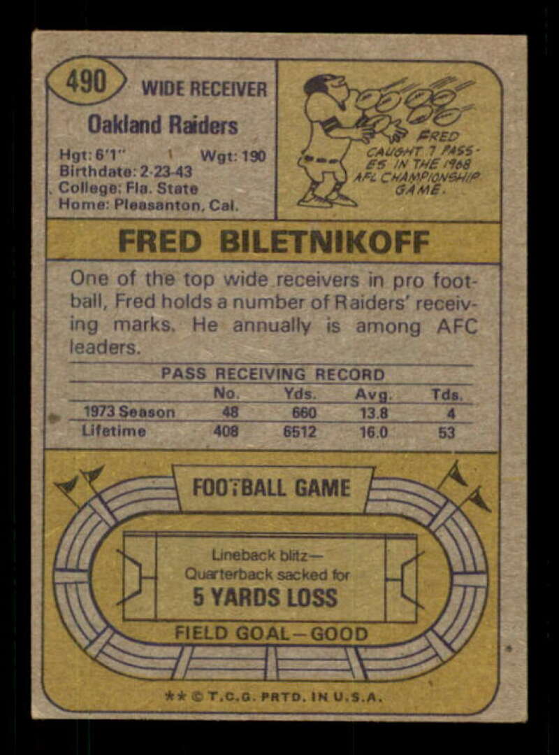 Fred Biletnikoff Card 1974 Topps #490 Image 2