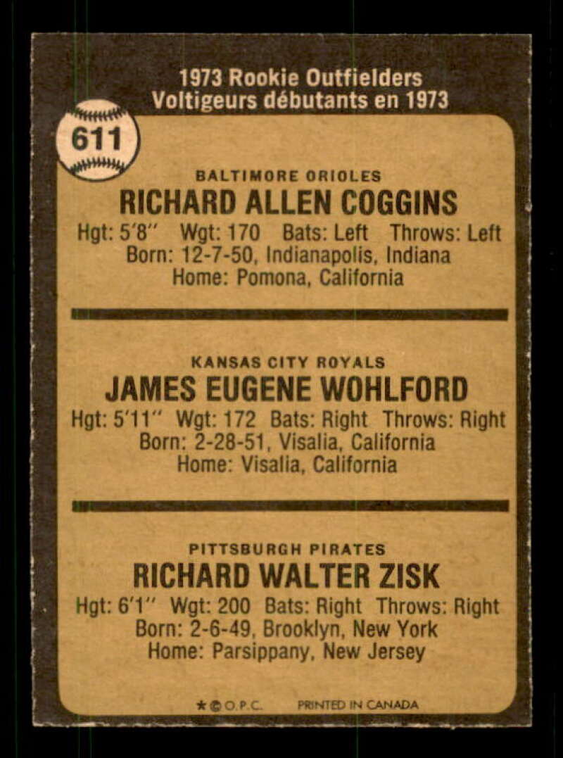 Rookie Outfielders/Rich Coggins RC/Jim Wohlford RC/Richie Zisk 1973 OPC #611 Image 2