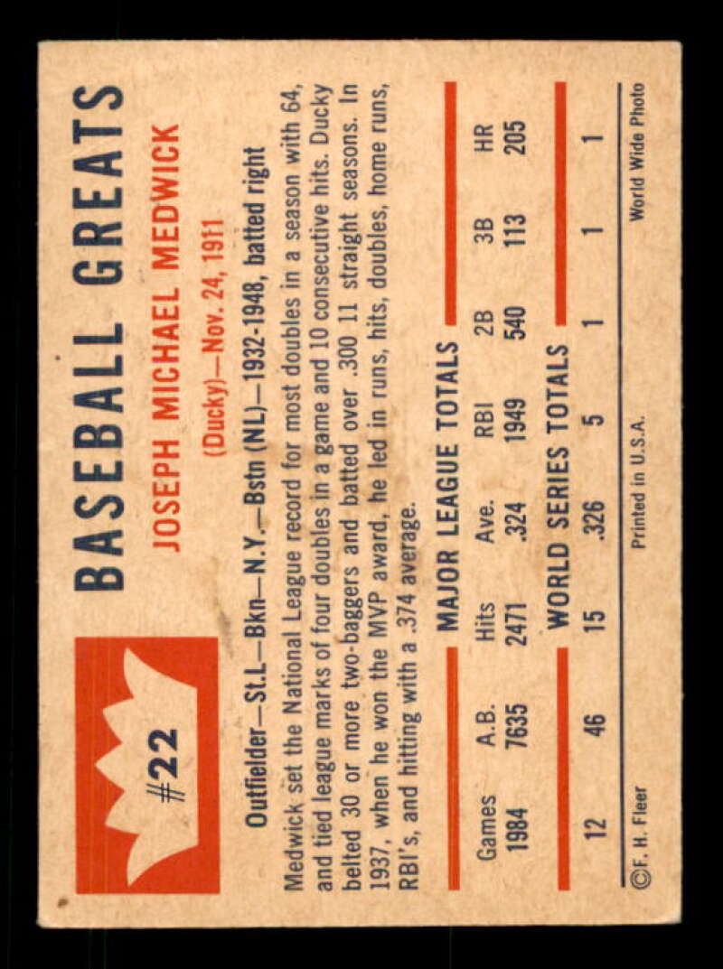 Joe Medwick Card 1960 Fleer #22 Image 2