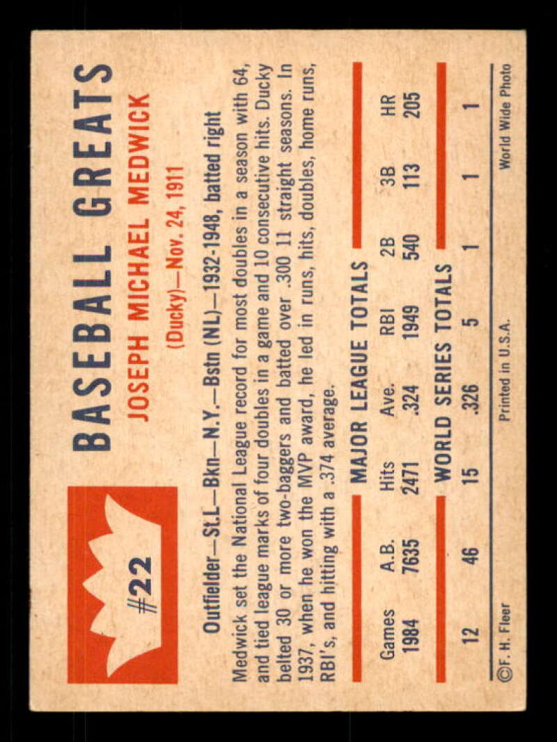 Joe Medwick Card 1960 Fleer #22 Image 2