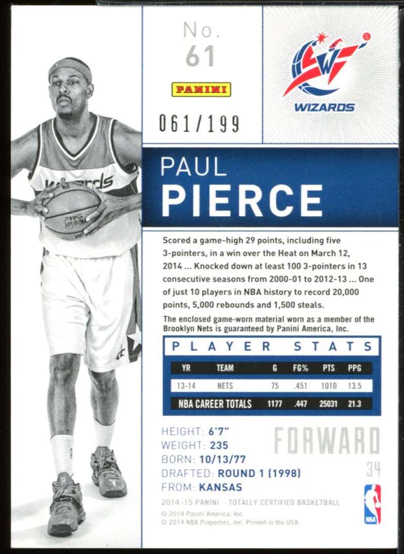 Paul Pierce Card 2014-15 Totally Certified Jerseys Blue #61 /199 Image 2