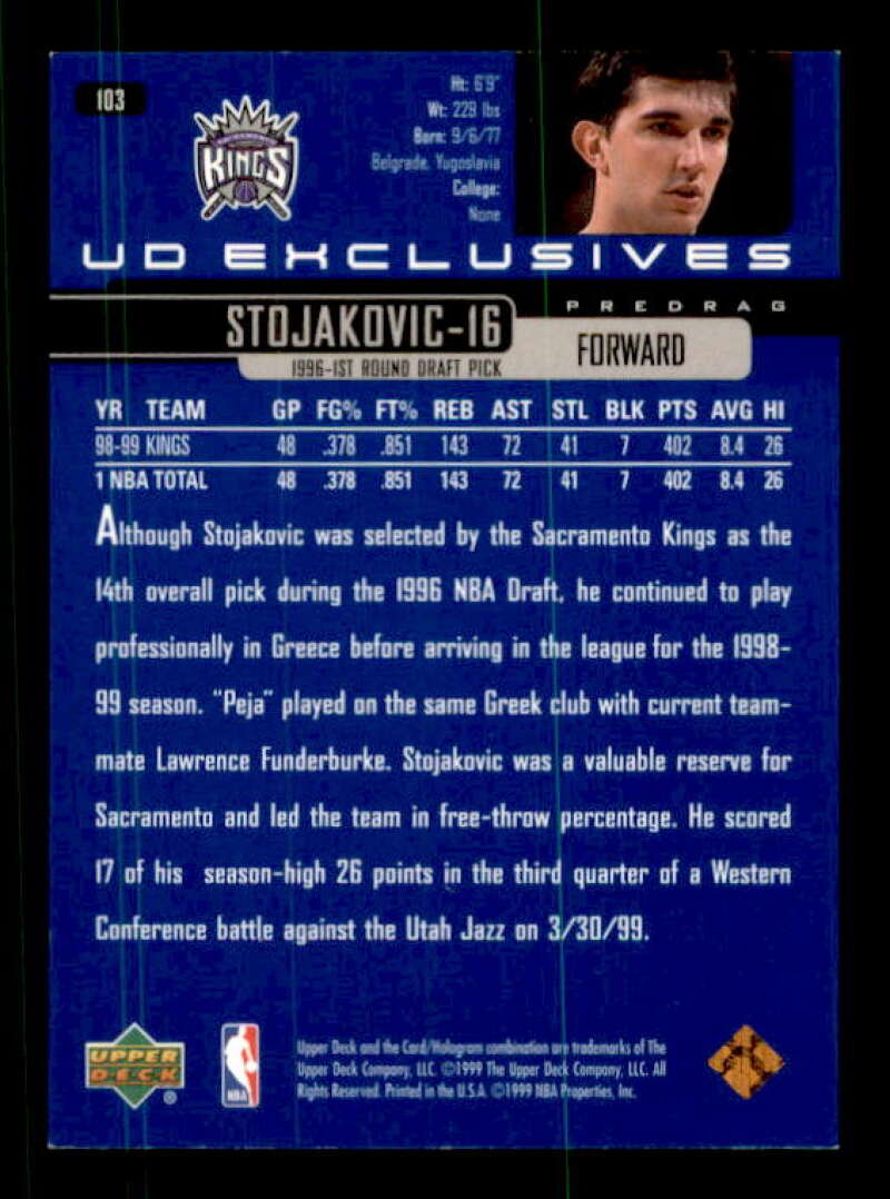 Peja Stojakovic Card 1999-00 Upper Deck Bronze #103 Image 2