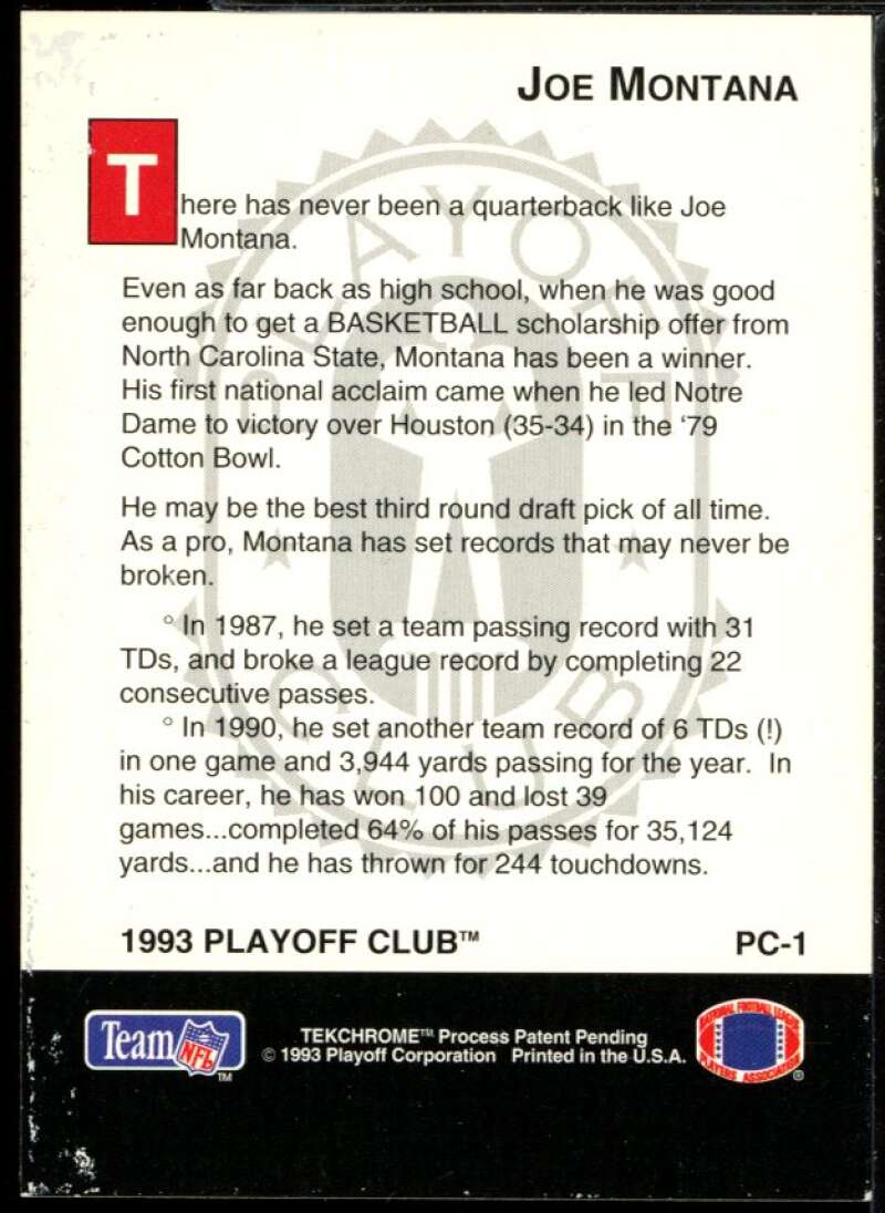 Joe Montana Card 1993 Playoff Club #PC1 Image 2