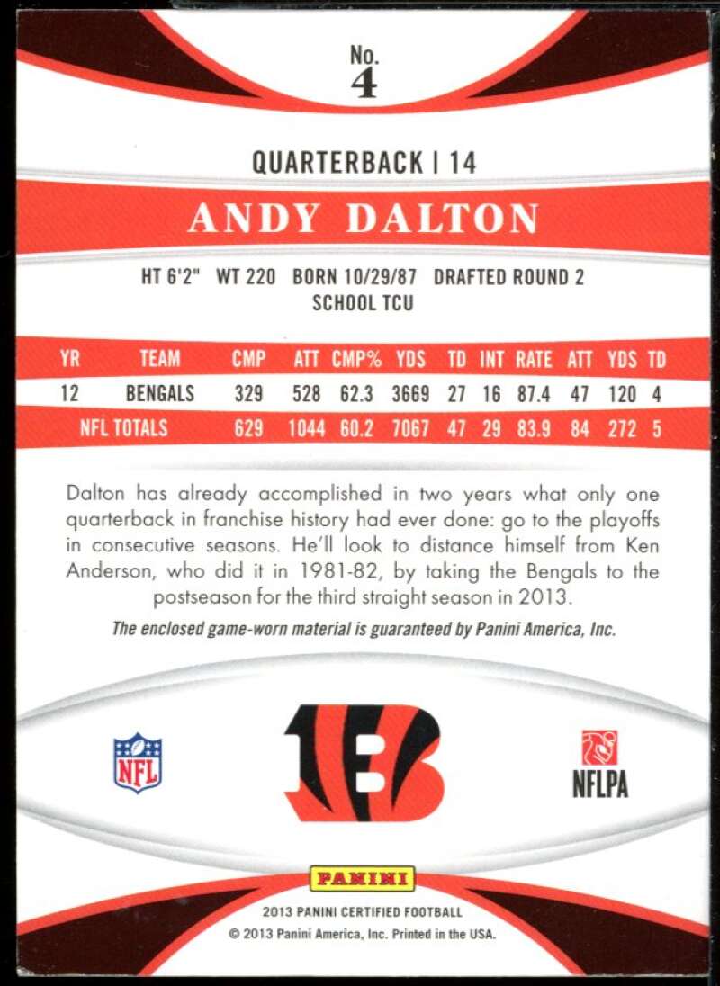 Andy Dalton Card 2013 Certified Materials #4 Image 2