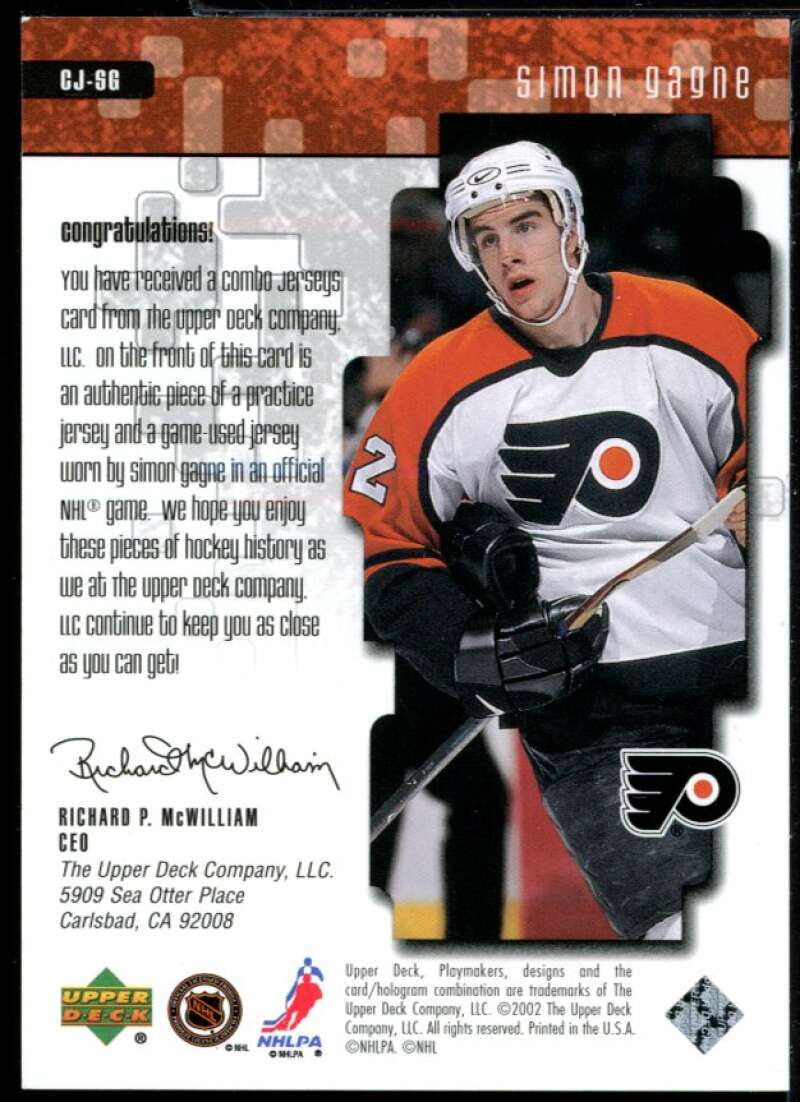 Simon Gagne Card 2001-02 UD Playmakers Combo Jerseys #CJSG Image 2