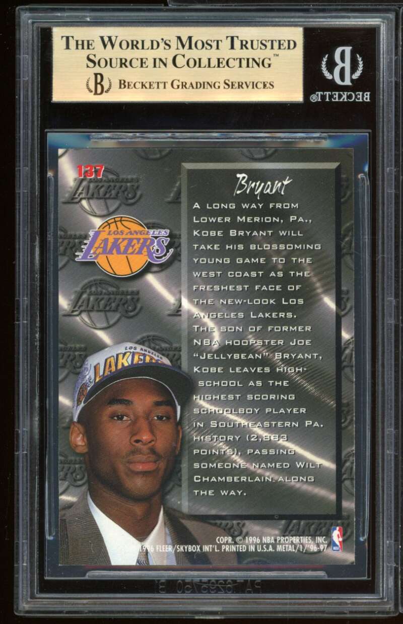 Kobe Bryant Rookie Card 1996-97 Metal #137 BGS 9.5 (9.5 9.5 9.5 9.5) Image 2