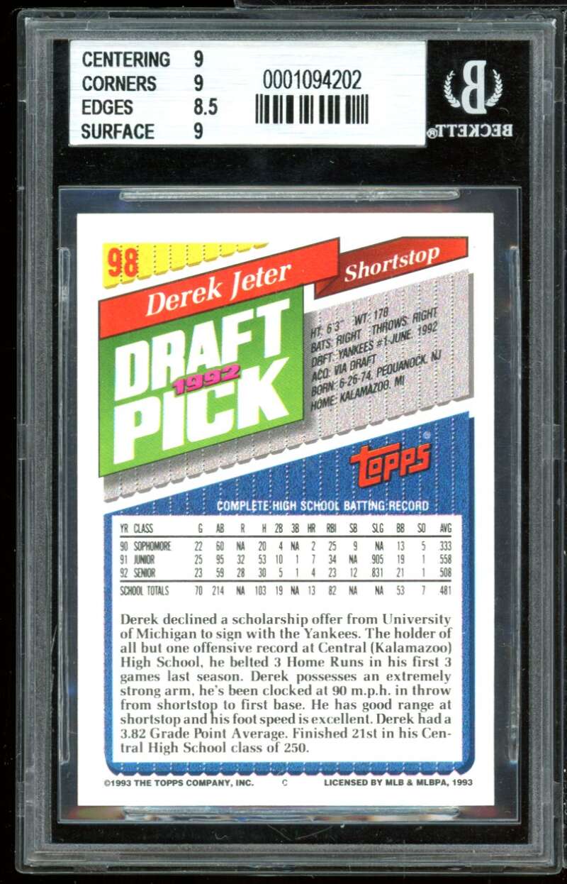 Derek Jeter Rookie Card 1993 Topps #98 BGS 9 (9 9 8.5 9) Image 2