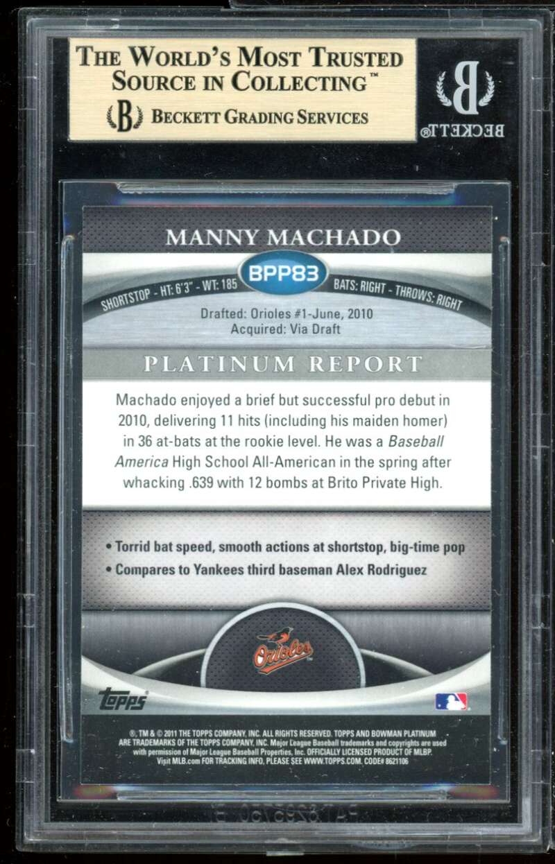 Manny Machado Rookie Card 2011 Bowman Platinum Prospects Refractors #83 BGS 9.5 Image 2