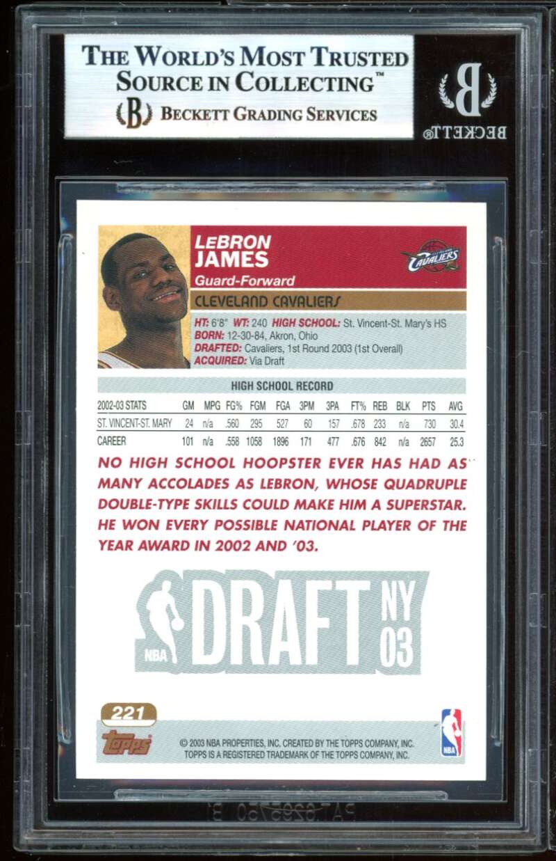Lebron James Rookie Card 2003-04 Topps #221 BGS 8.5 (8.5 9.5 9.5 8) Image 2
