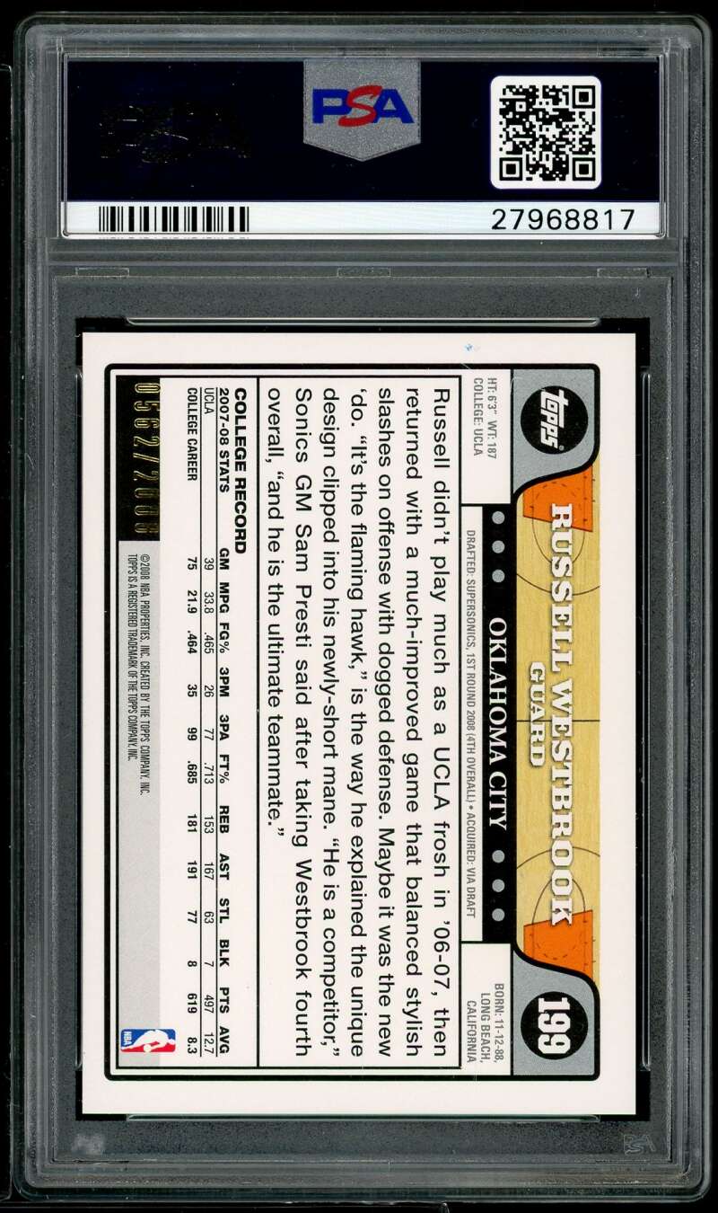 Russell Westbrook Rookie Card 2008-09 Topps Gold #199 PSA 9 Image 2