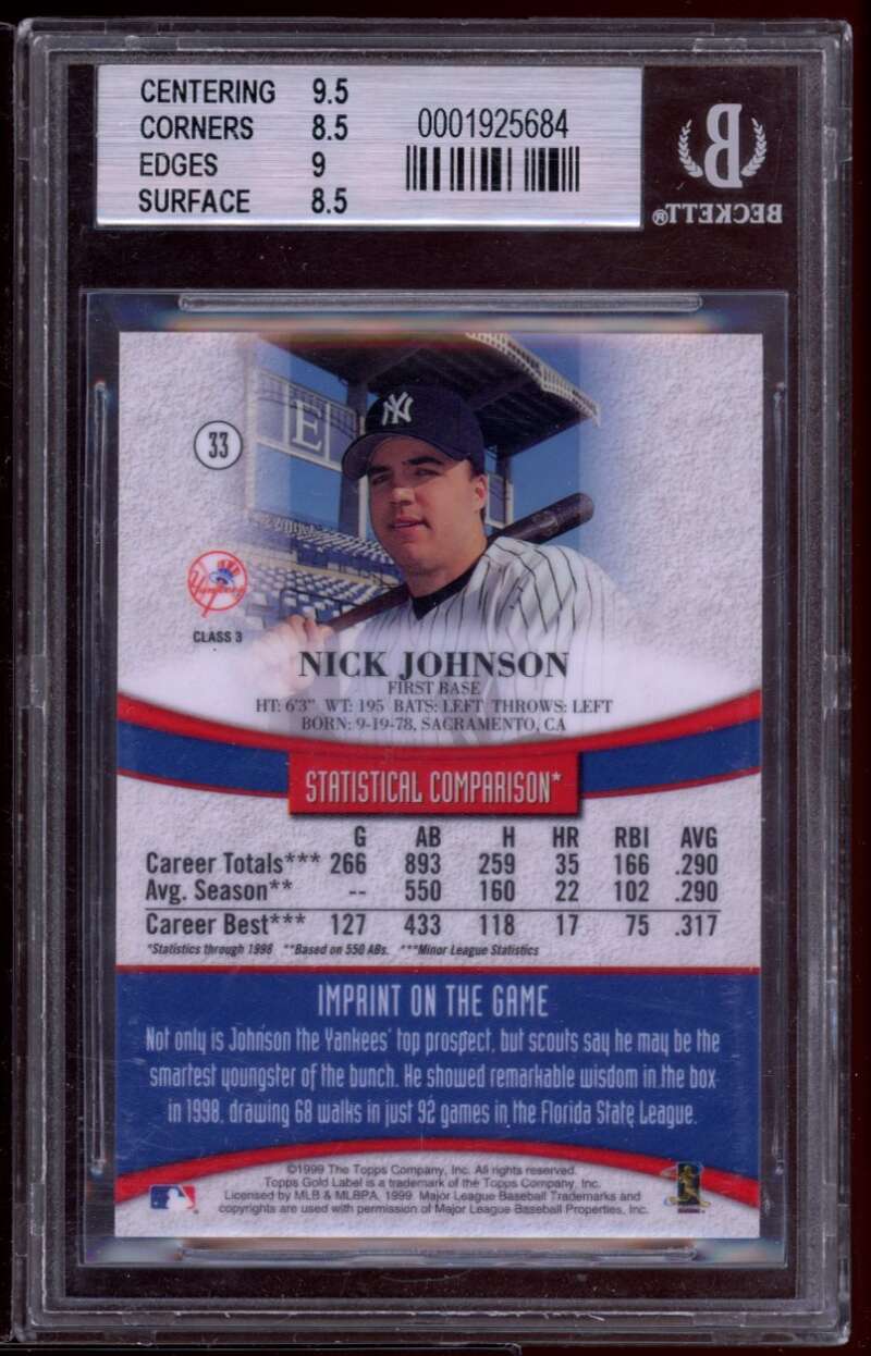 Nick Johnson Rookie Card 1999 Topps Gold Label #33 BGS 8.5 (9.5 8.5 9 8.5) Image 2