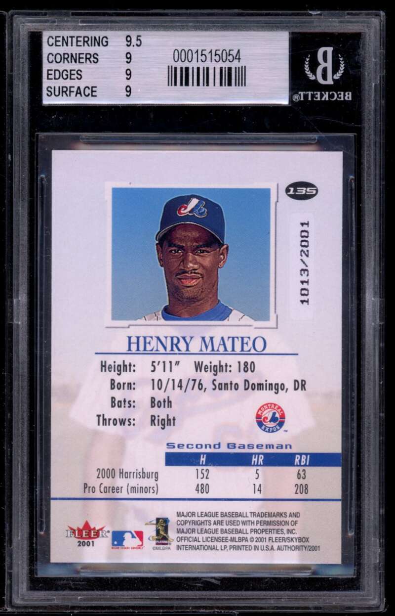 Henry Mateo Rookie Card 2001 Fleer Authority #135 BGS 9 (9.5 9 9 9) Image 2