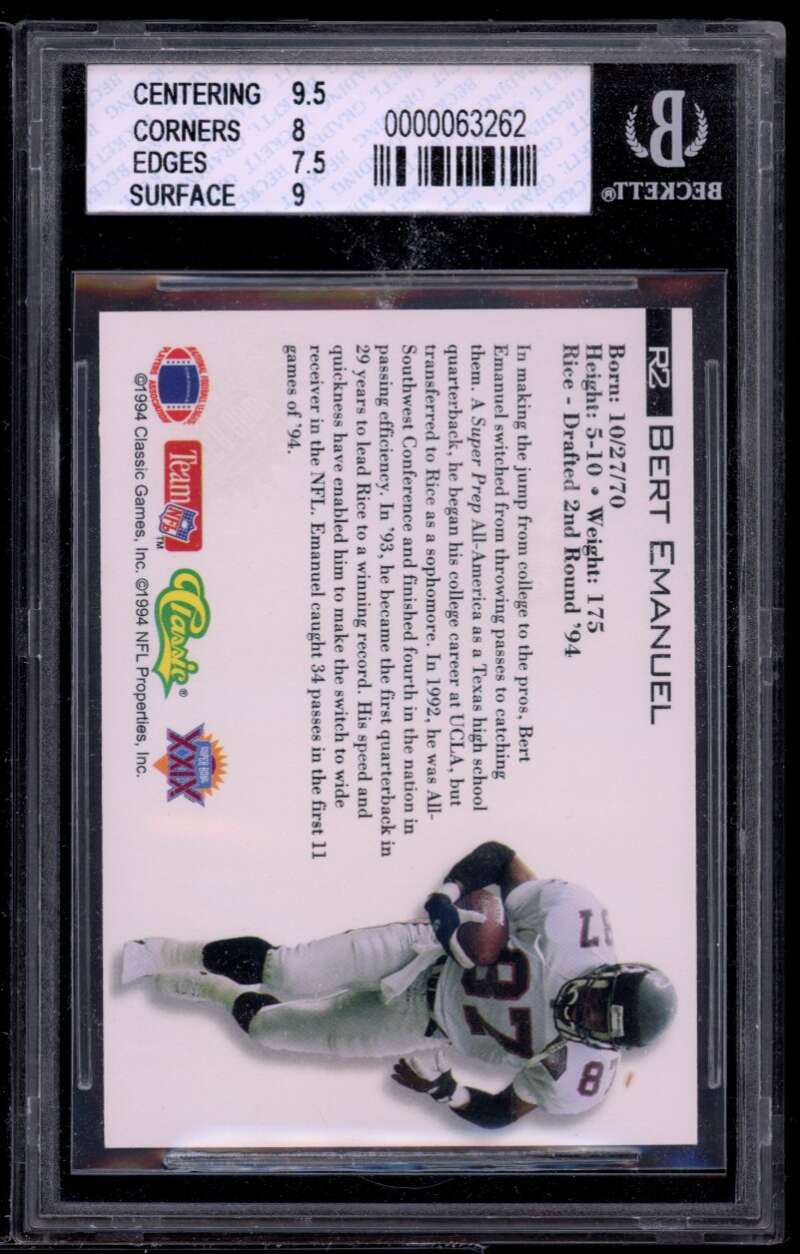 Bert Emanuel Card 1995 Classic NFL Experience Rookies #2 BGS 8 (9.5 8 7.5 9) Image 2