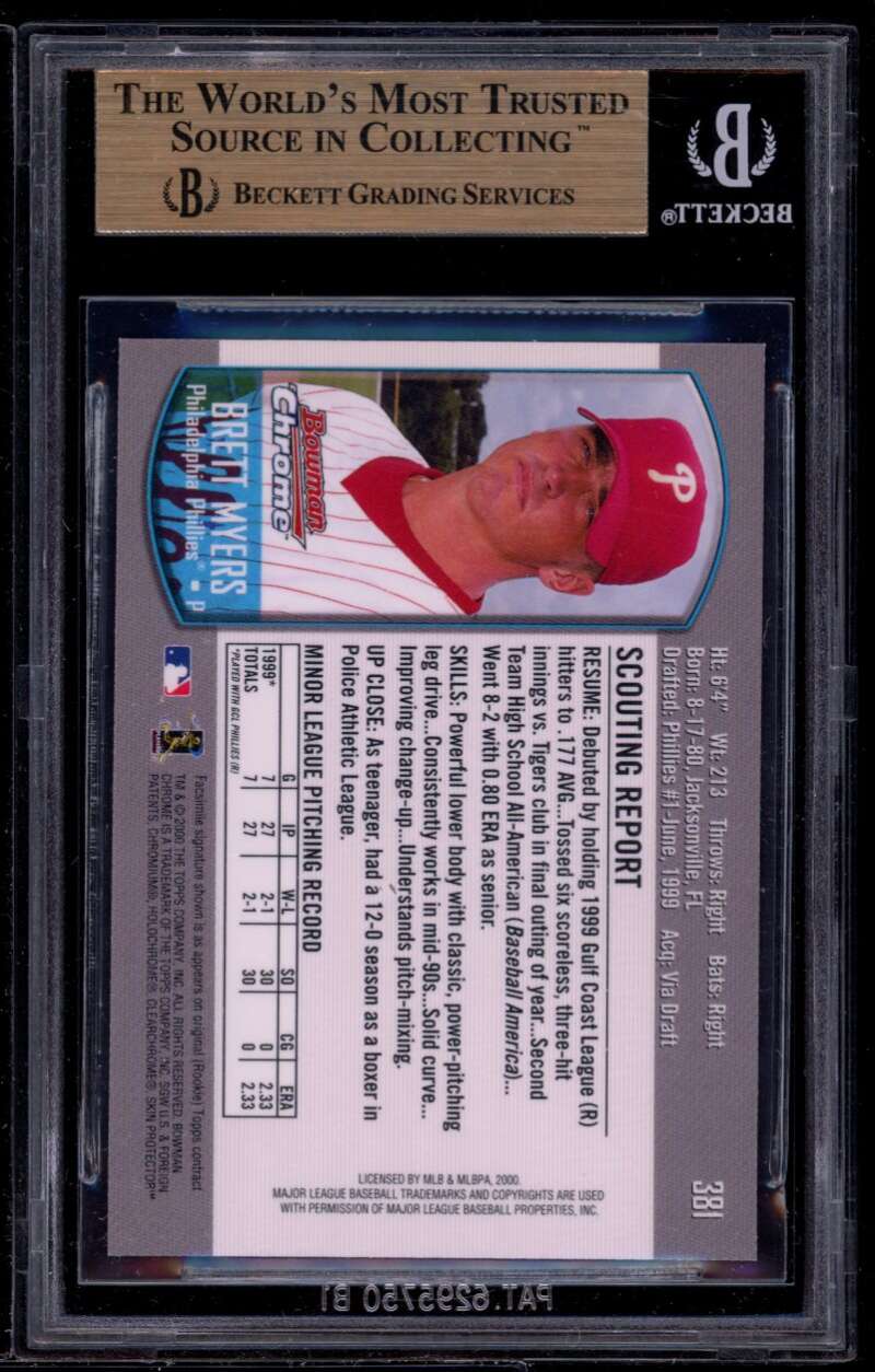 Brett Myers Rookie Card 2000 Bowman Chrome #381 BGS 9.5 (9.5 9.5 9.5 9.5) Image 2