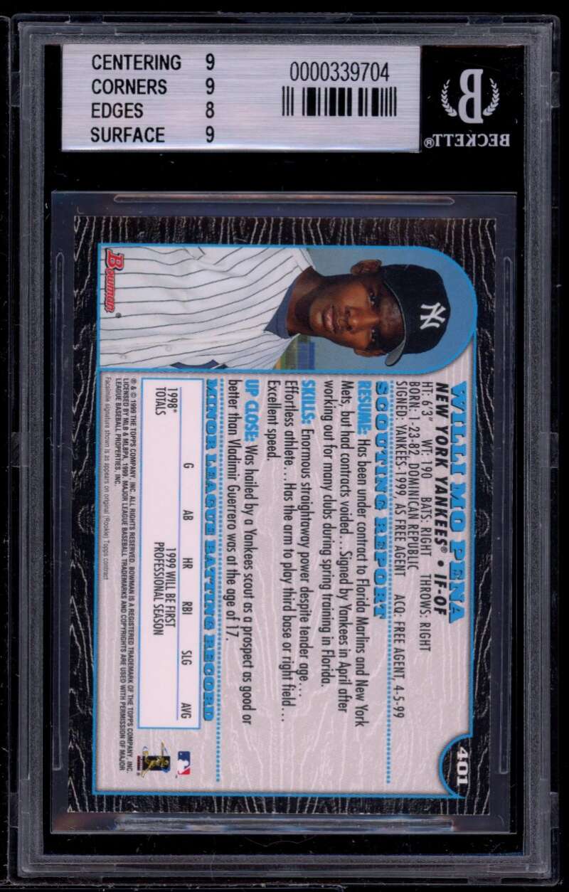 Willi Mo Pena Rookie Card 1999 Bowman #401 BGS 8.5 (9 9 8 9) Image 2