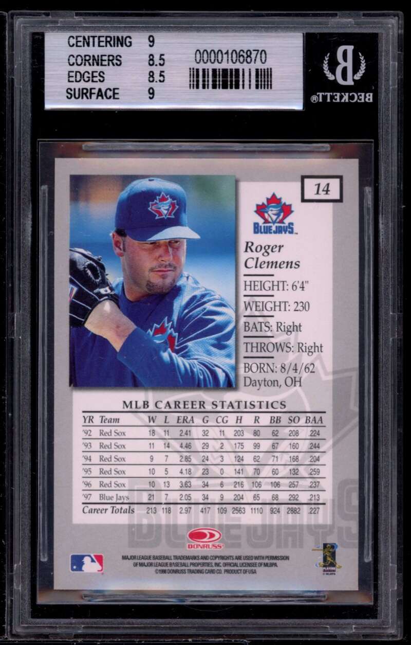 Roger Clemens Card 1998 Donruss Elite #14 BGS 8.5 (9 8.5 8.5 9) Image 2