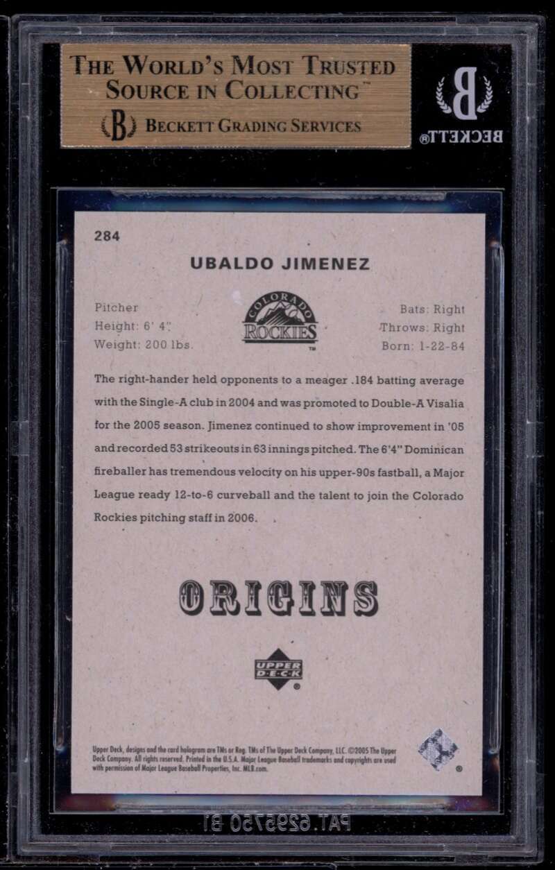 Ubaldo Jimenez Rookie Card 2005 Upper Deck Origins #284 BGS 9.5 (9 9.5 9.5 9.5) Image 2