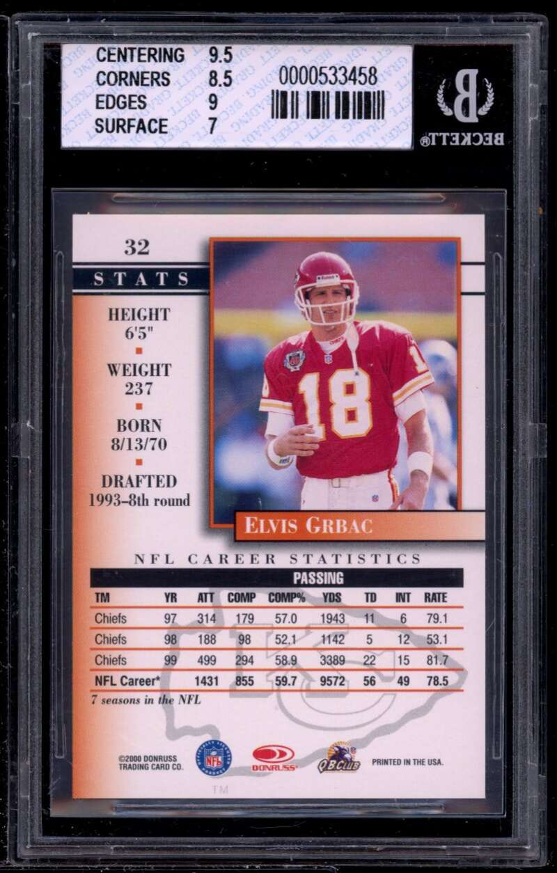 Elvis Grbac Card 2000 Donruss Pref Graded Series #32 BGS 8 (9.5 8.5 9 7) Image 2