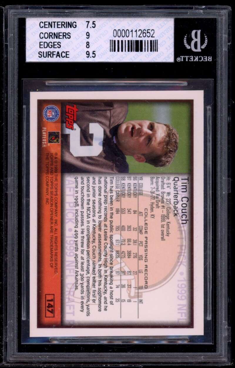 Tim Couch Rookie Card 1999 Topps Season Opener #147 BGS 8 (7.5 9 8 9.5) Image 2