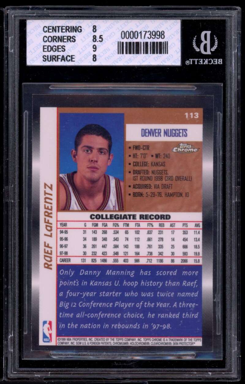 Raef Lafrentz Rookie Card 1998-99 Topps Chrome #113 BGS 8 (8 8.5 9.5 8) Image 2