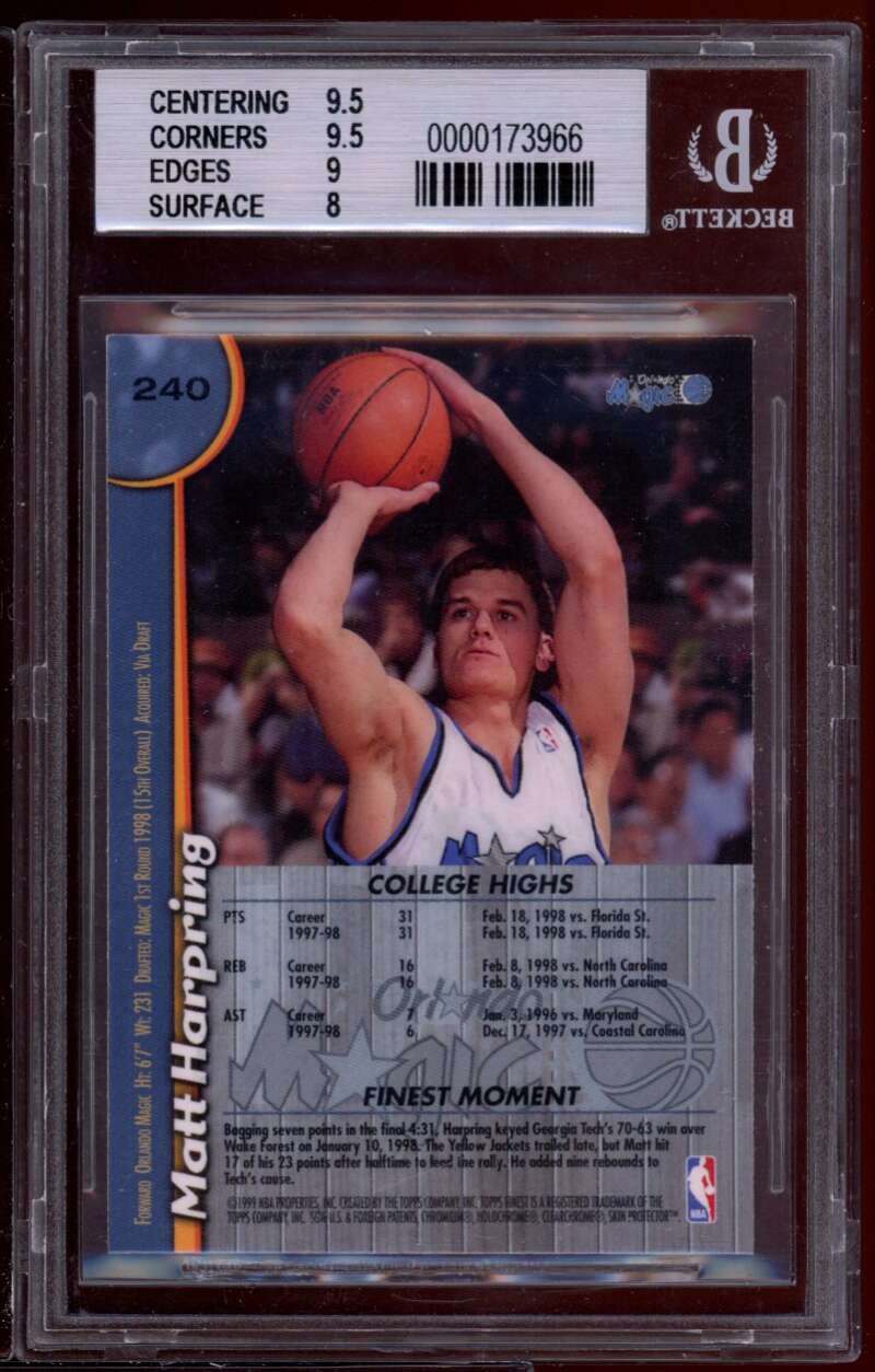 Matt Harpring Rookie Card 1998-99 Finest #240 BGS 8.5 (9.5 9.5 9 8) Image 2