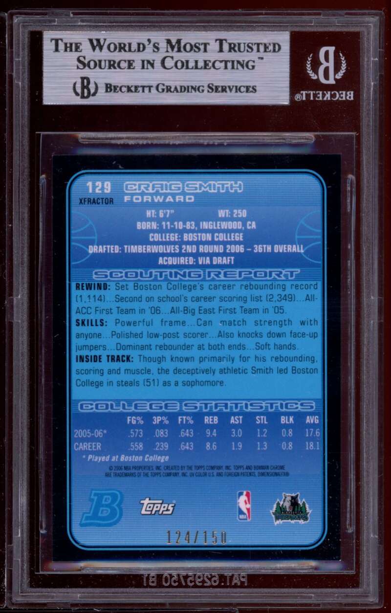 Craig Smith Rookie Card 2006-07 Bowman Chrome X-Fractors #129 BGS 9 (9 9 9 8.5) Image 2