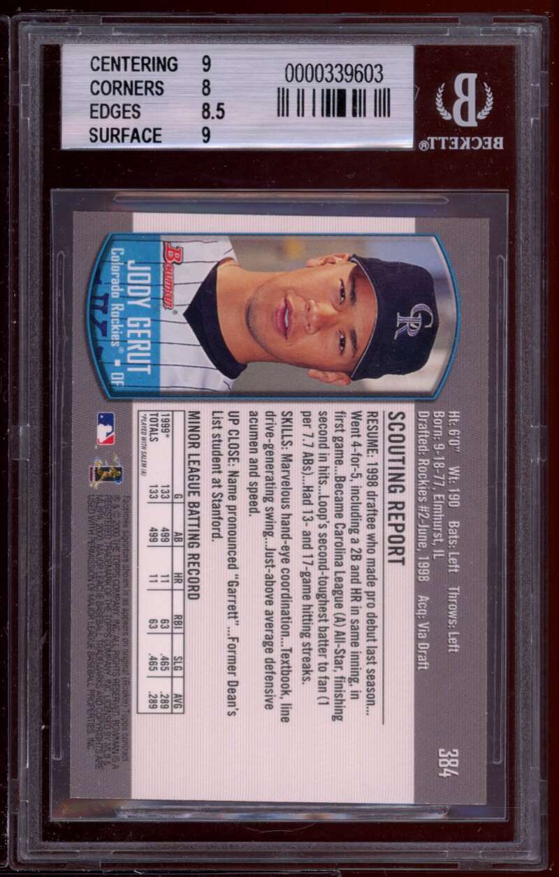 Jody Gerut Rookie Card 2000 Bowman #384 BGS 8.5 (9 8 8.5 9) Image 2