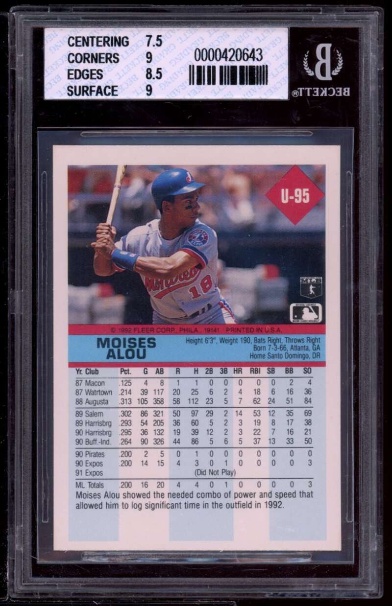 Moises Alou Card 1992 Fleer Update #95 BGS 8 (7.5 9 8.5 9) Image 2