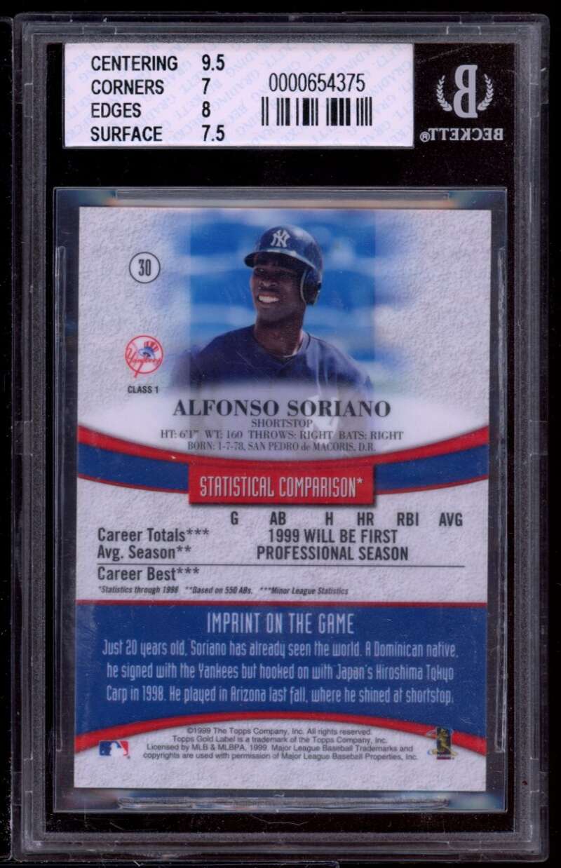 Alfonso Soriano Rookie 1999 Topps Gold Label Class 1 #30 BGS 7.5 (9.5 7 8 7.5) Image 2