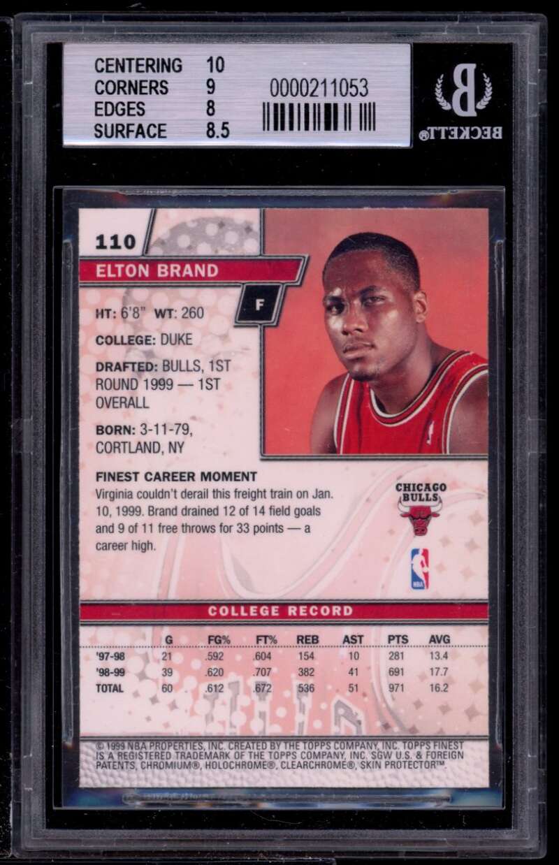 Elton Brand Rookie Card 1999-00 Finest #110 BGS 8.5 (10 9 8 8.5) Image 2