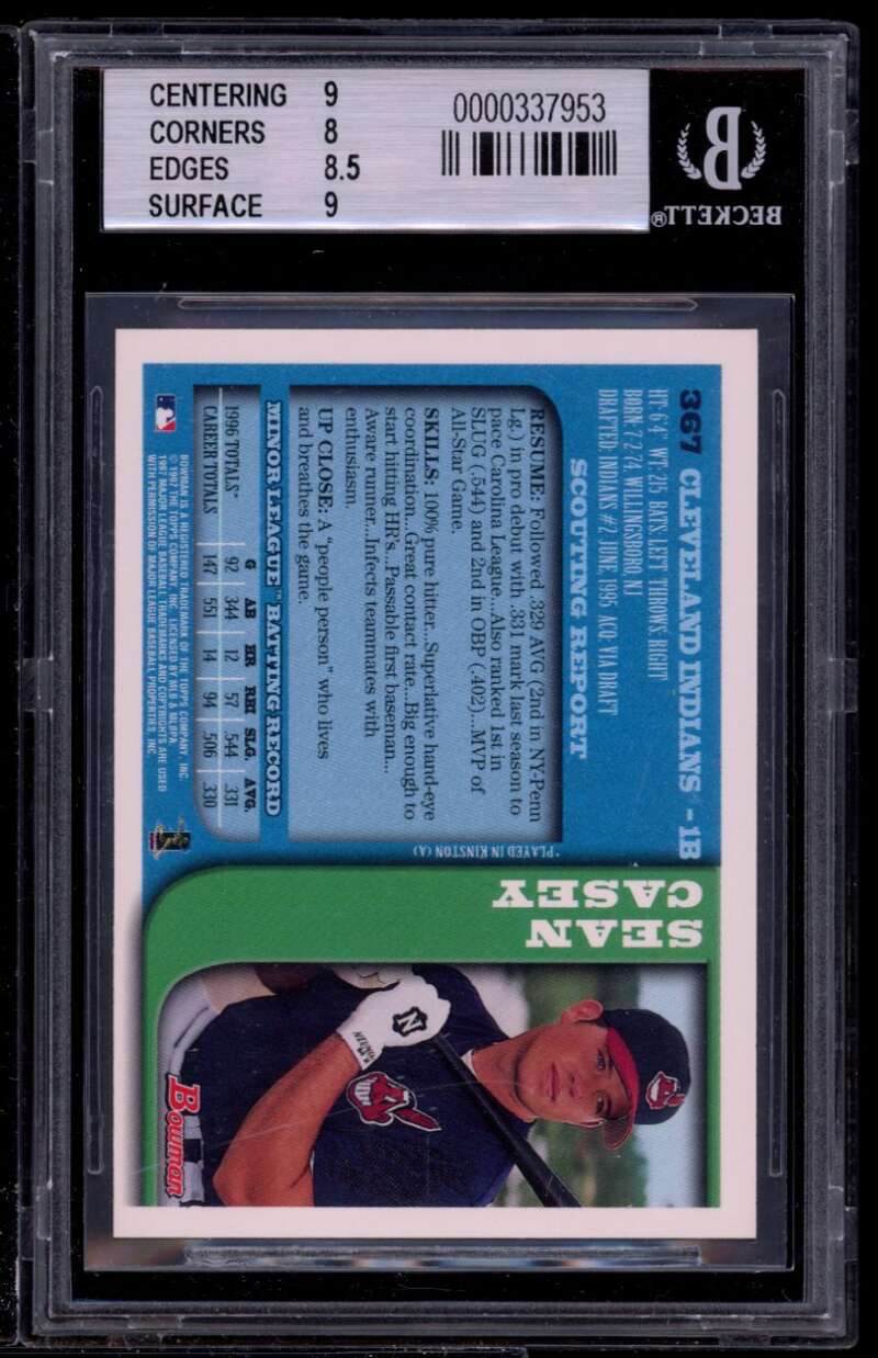 Sean Casey Rookie Card 1997 Bowman #367 BGS 8.5 (9 8 8.5 9) Image 2