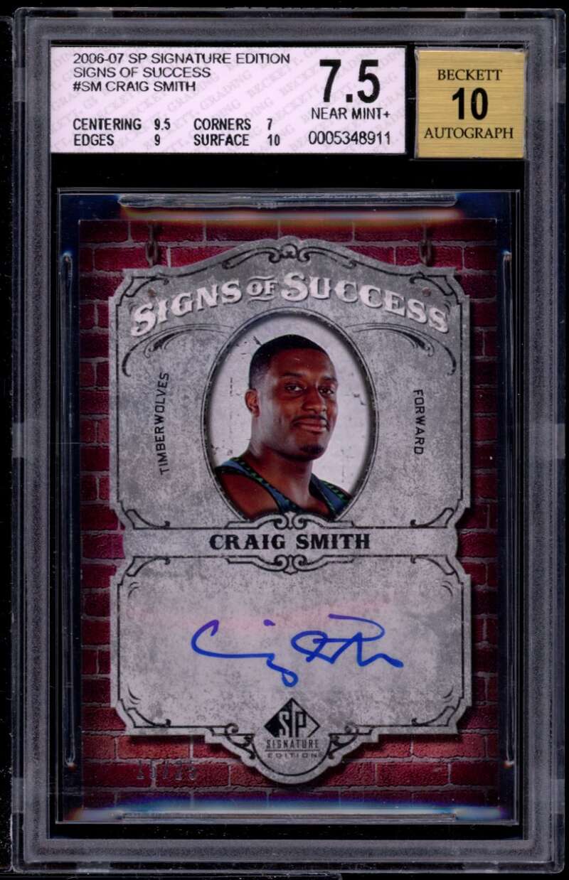 Craig Smith Rookie 2006-07 SP Signature Edition success #sm BGS 7.5 (9.5 7 9 10) Image 1