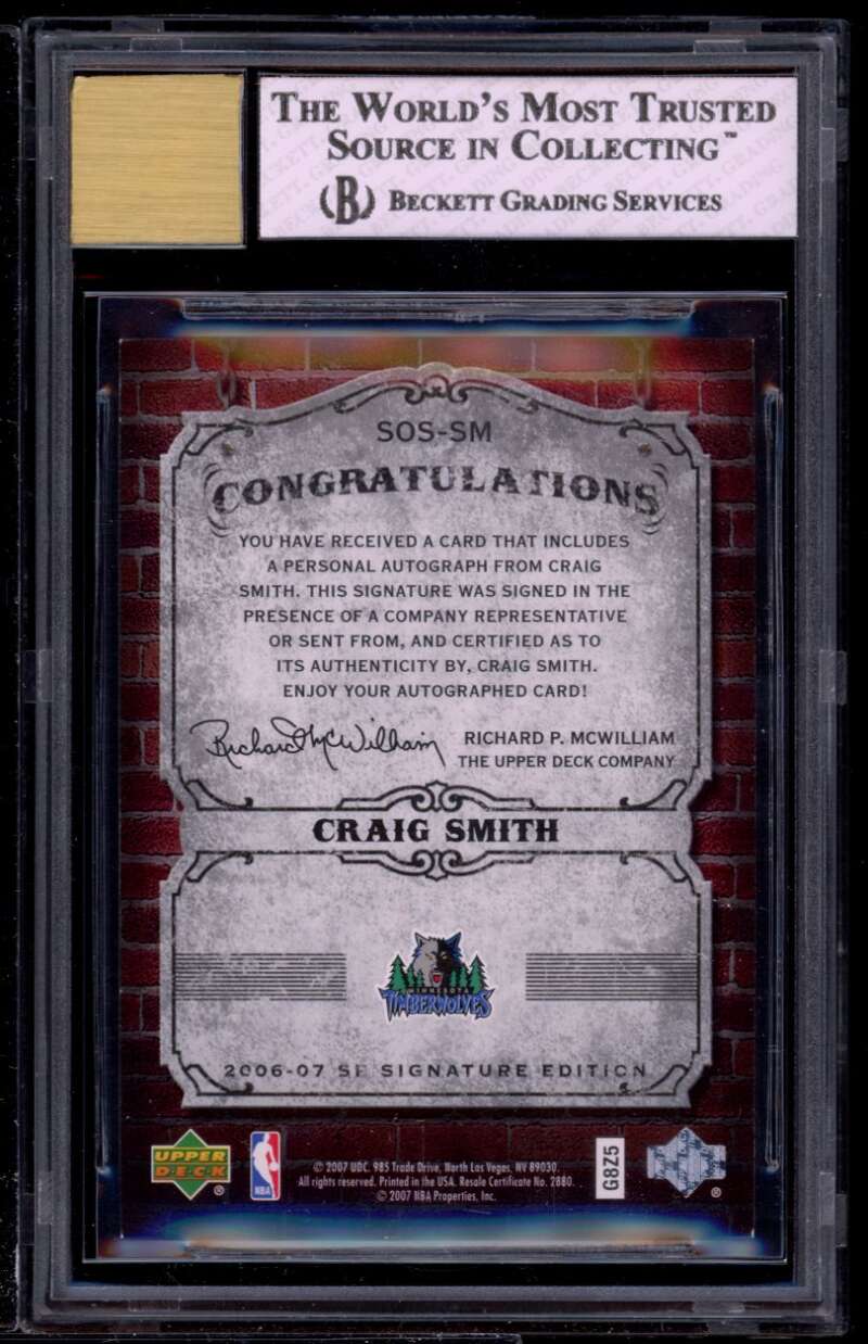 Craig Smith Rookie 2006-07 SP Signature Edition success #sm BGS 7.5 (9.5 7 9 10) Image 2