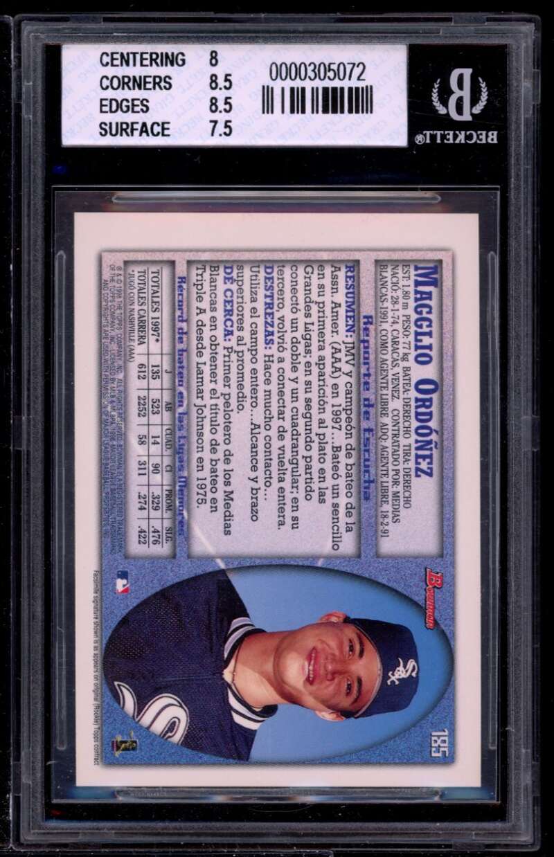 Magglio Ordonez Rookie Card 1998 Bowman International #185 BGS 8 (8 8.5 8.5 7.5) Image 2