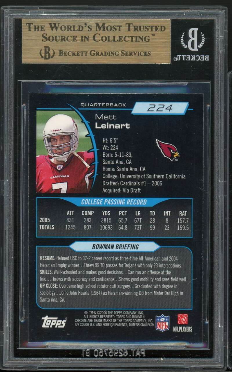 Matt Leinart Rookie Card 2006 Bowman Chrome #224 BGS 9.5 (9 9.5 9.5 9.5) Image 2