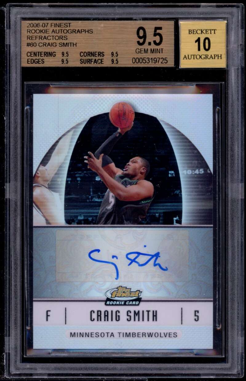 Craig Smith Rookie Card 2006-07 Finest Autographs Refractors #60 BGS 9.5 Image 1