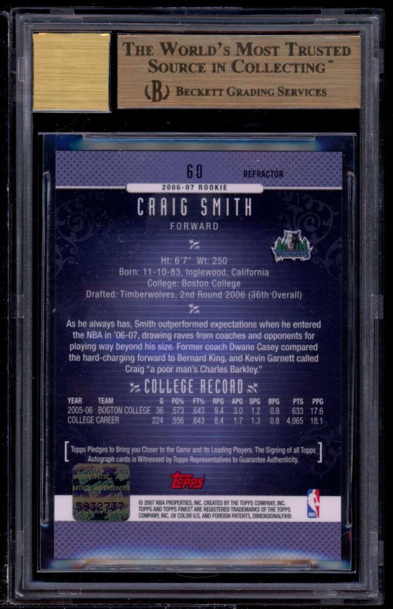 Craig Smith Rookie Card 2006-07 Finest Autographs Refractors #60 BGS 9.5 Image 2