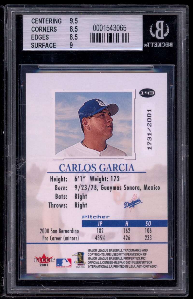 Carlos Garcia Rookie Card 2001 Fleer Authority #143 BGS 8.5 (9.5 8.5 8.5 9) Image 2